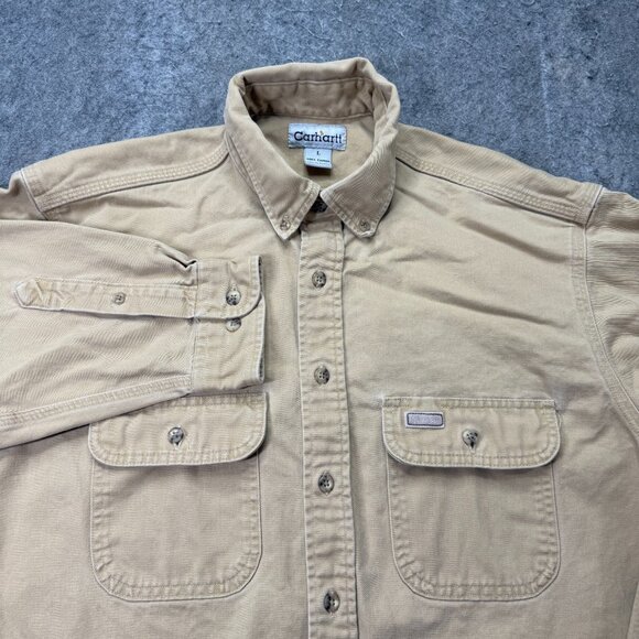 Carhartt Work Shirt Men L Beige Button-Down Relaxed Fit Canvas Long Sleeve - Picture 1 of 12